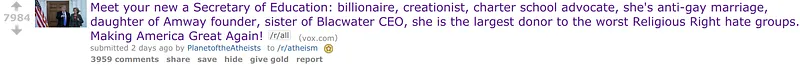 Reddit featured a misleading headline on education secretary nominee Betsy DeVos