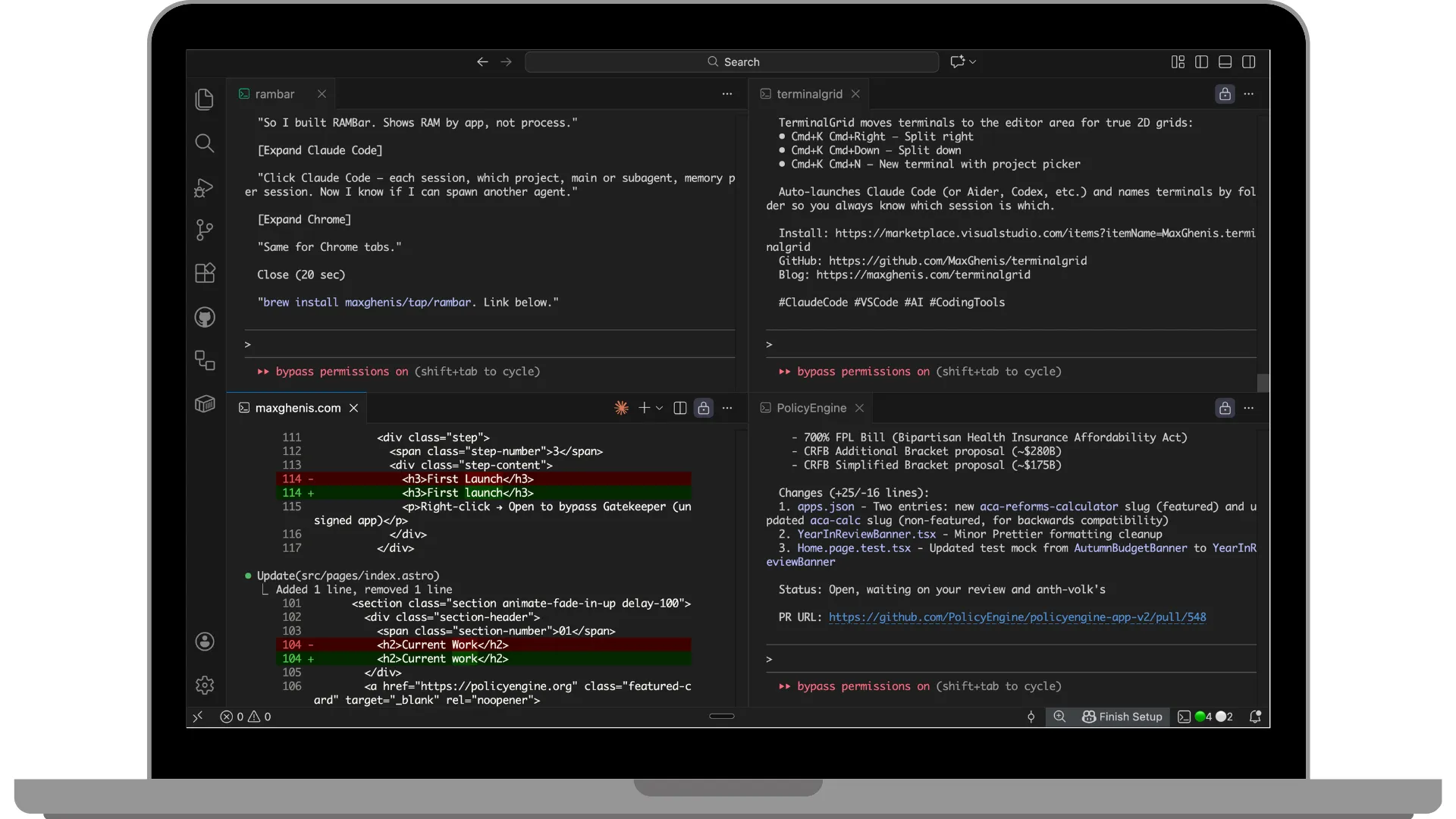 TerminalGrid showing multiple Claude Code sessions